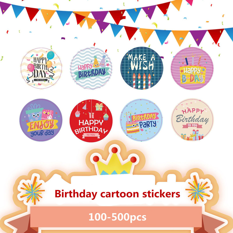 100-500pc 38mm Happy Birthday Cake Party Sticker Cartoon Decor Sticker Envelope Invitation Sealing Sticker