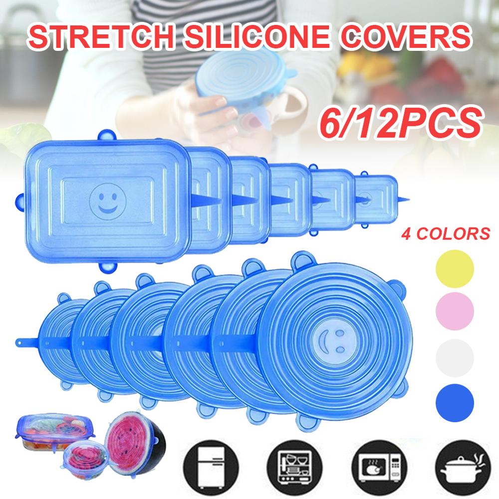 6/12Pcs Silicone Stretch Deksels Universele Deksel Siliconen Kom Pot Deksel Siliconen Cover Pan Koken Voedsel Verse kom Cover