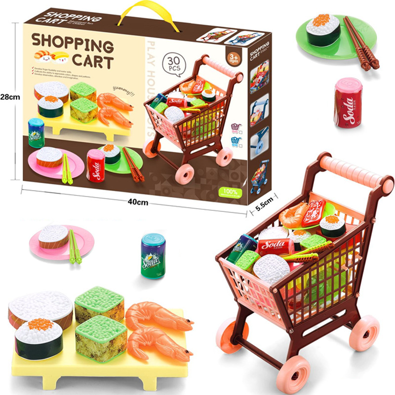 Chariot de supermarché pour enfants, voiture, jouets, Simulation de panier, fruits, BBQ, viande, nourriture, assemblage, maison de jeu