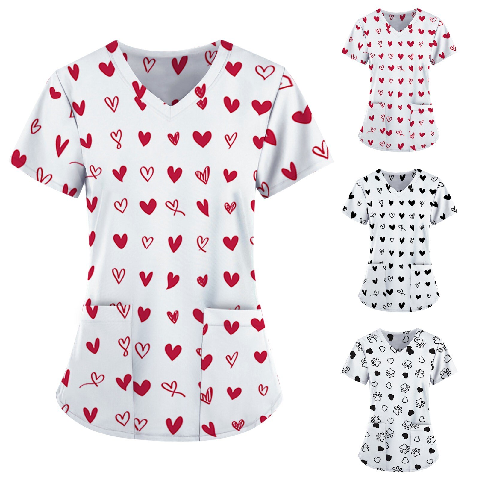 Rouge coeur motif t-shirts femmes mignon saint valentin amour poche col en v manches courtes haut ample Blusas Mujer Manga Corta