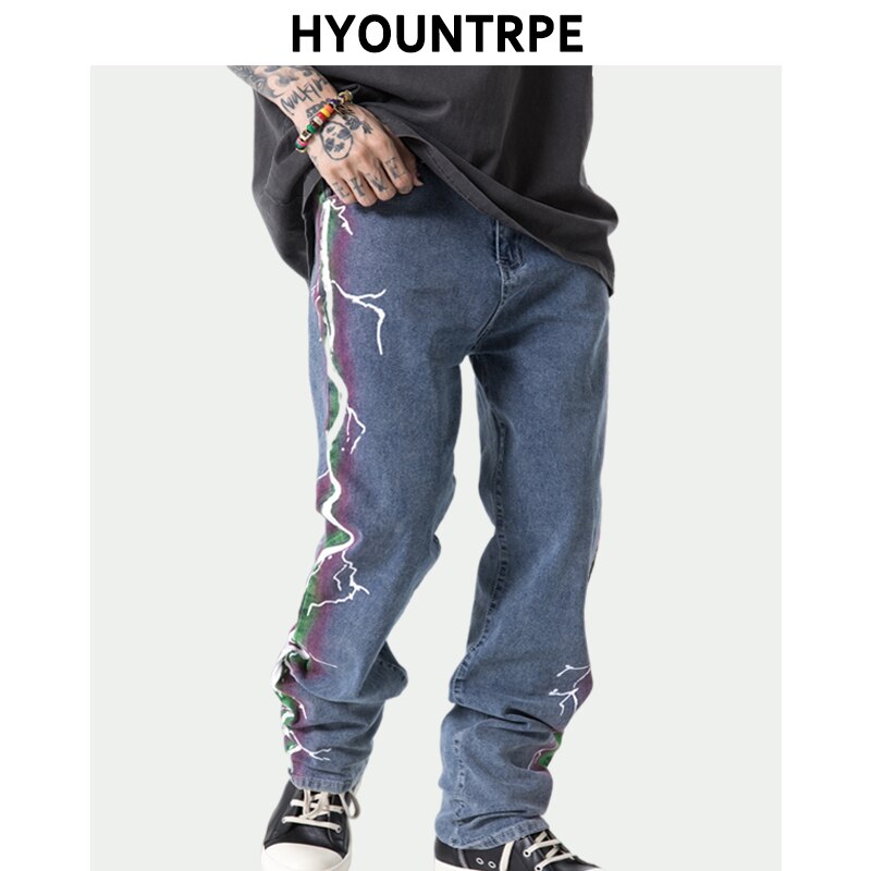 Pantalones vaqueros con estampado lateral para hombre, Jeans con cremallera recta, pantalones de motorista, Hip-Hop, Harajuku, de venta al por menor