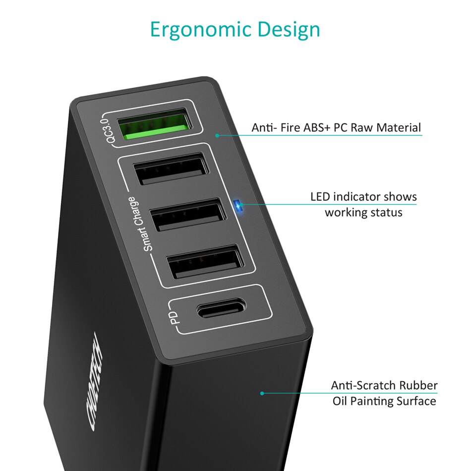 CHOETECH, Cargador USB de 5 puertos, 60W PD, multiestación de carga USB con acoplamiento Universal para teléfono móvil, pared de escritorio, enchufe para UE y Reino Unido