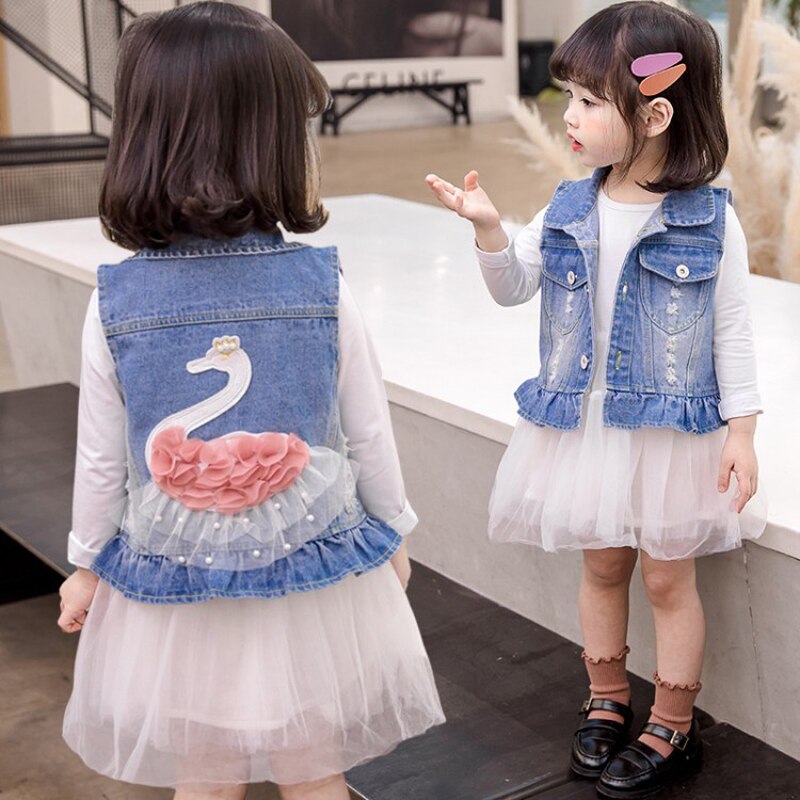 Chaleco de algodón con encaje para niñas, ropa vaquera con volantes rasgados y estampado de cisne de dibujos animados, para niños de 2 a 8 años, primavera y otoño