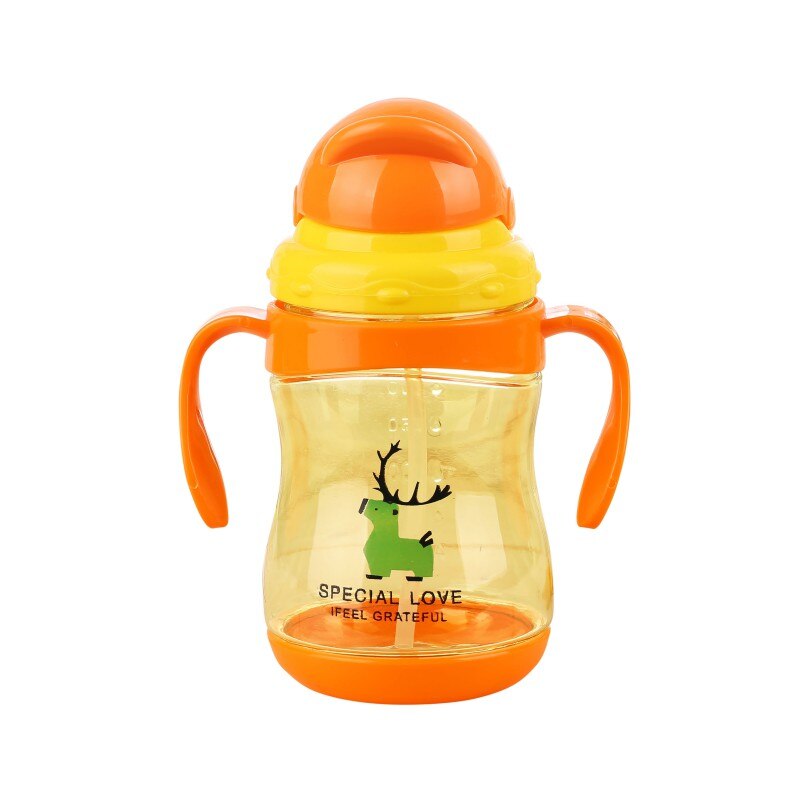 Taza de bebé de 300ml, vasos pijos de ciervos de dibujos animados para bebés, botellas de entrenamiento para niños pequeños, botellas para niños para aprender a beber con doble: O