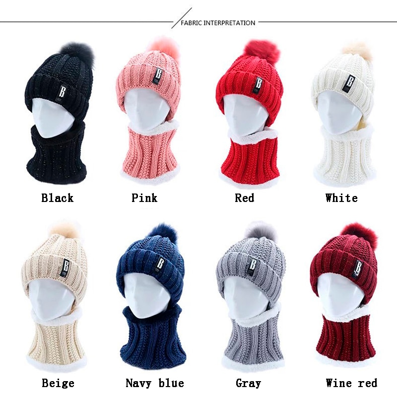 Neck warm Balaclava knitted winter hat Big Fur pom poms ball Knitted hats scarf set women Beanie Hat thick Skullies female cap