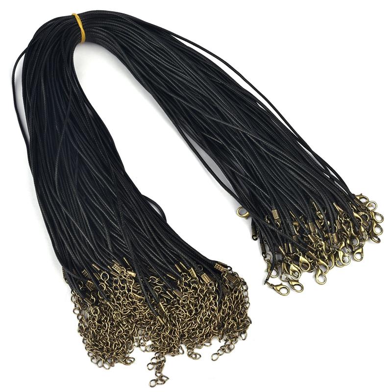 50Pcs/lot 1.5/2mm Leather String Cord Wax Braid Rope Adjustable Chain Lobster Clasp Wax Rope Necklaces Pendant Jewelry Findings: black
