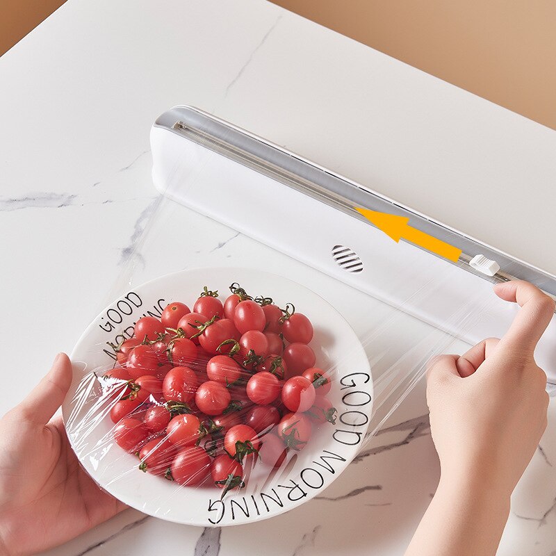 Food Wrap Dispenser Plastic Film Cutter Suction Cup Wall Mounted Kitchen Divider Adjustable Storage Cutter Storage Holder