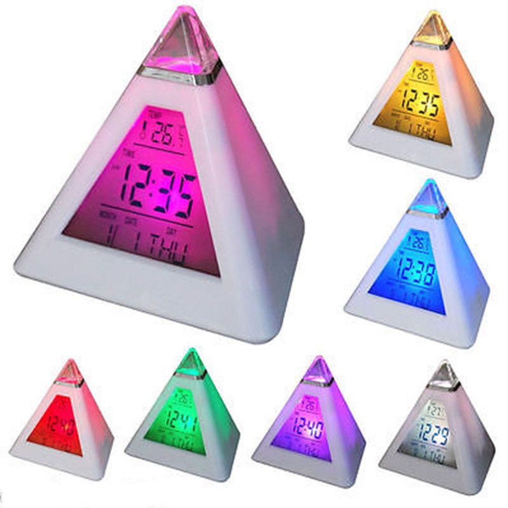 Gekwalificeerde piramide temperatuur 7 kleuren led verandering achtergrondverlichting led maan wekker piramide stemmingsklok