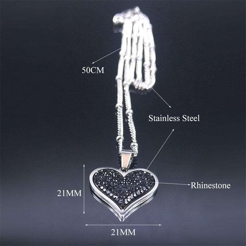 Stainless steel black crystal heart necklace charm women silver color small pendant necklace jewelry acero inoxidable  n8047 s 01
