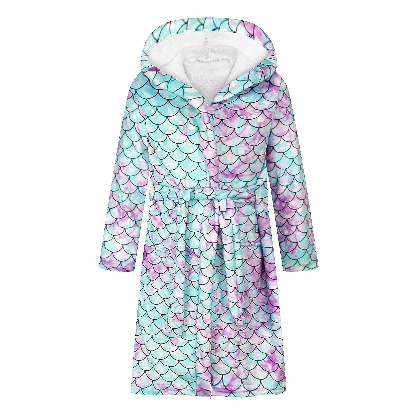 Kid Bath Robe Mermaid 3D Printed Children&#39;s Homewear Warm Nightgown Double-sided Flannel Soft Bathrobe Hooded Child: Blue / 12T