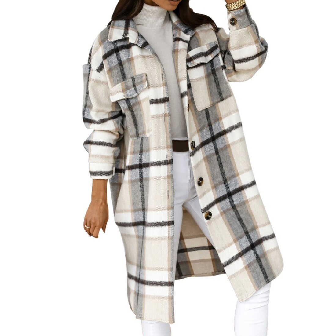 Kancool Gecontroleerd Vrouwen Jas Down Overjas Warme Plaid Lange Knop Revers Jas Oversized Dikke Wollen Blend Vrouwelijke Streetwear: Gray / M