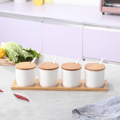 Smuk sukkerskål hjemmekøkken 4 in 1 sæt keramik salt krydderi krukker med 4 skeer sorte ord kan fjernes: Design 8