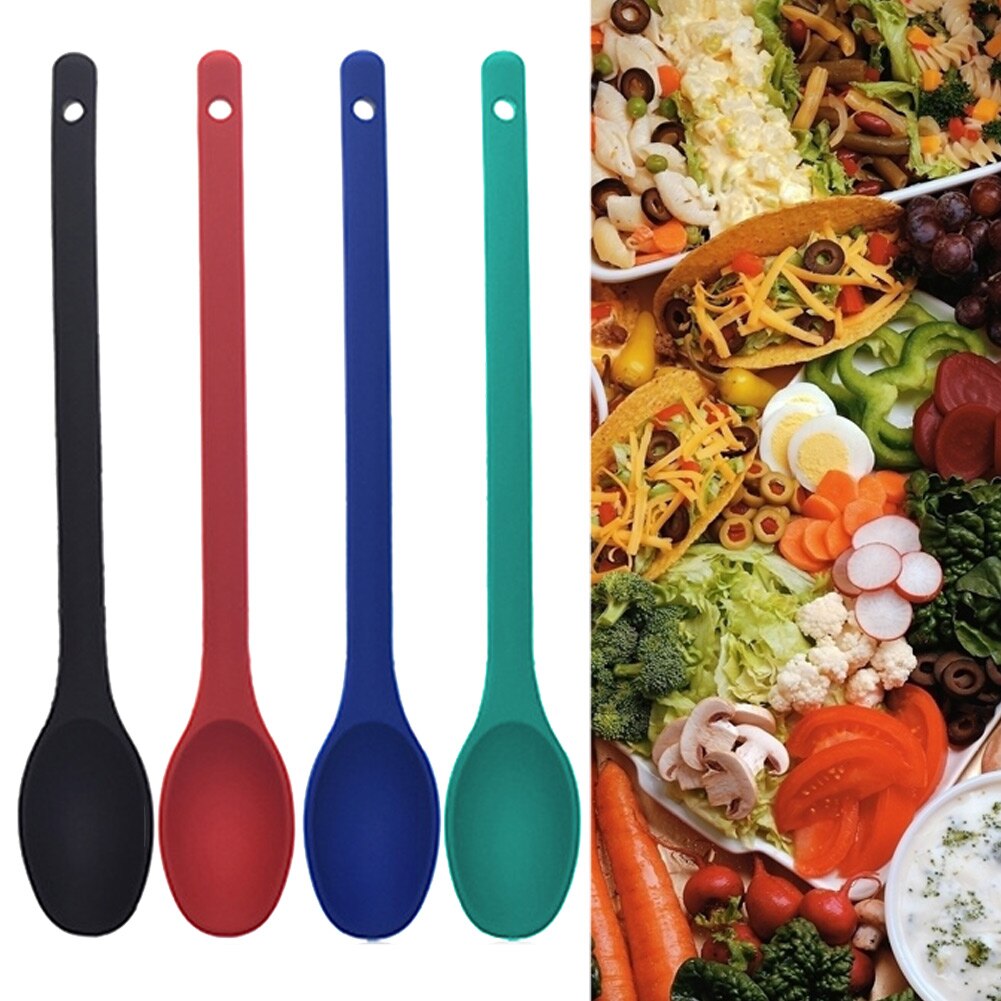 4 Colors Portable Hanging Heat Resistant Food Stirring Baking Nonstick Restaurant Serving Silicone Mixing Spoon Long Handle