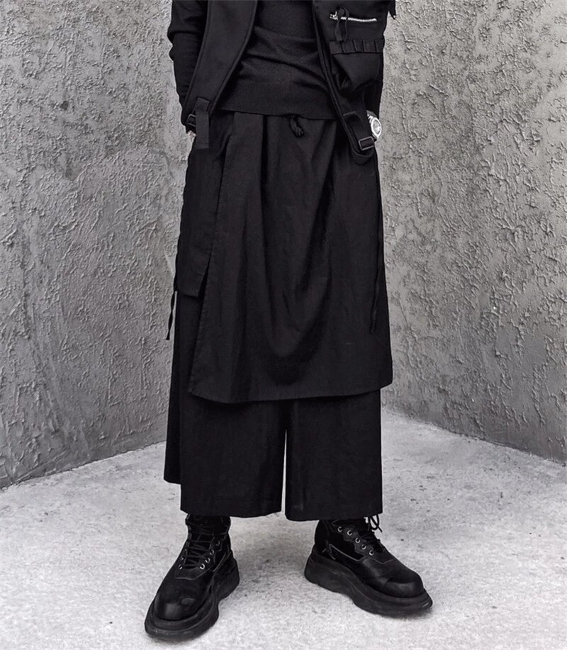 Pantalones de falda negra oscura para hombre, pantalón informal holgado de pierna ancha, de nicho, pantalones irregulares de nueve puntos