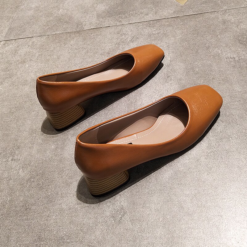 Eoeodoit vår høst med hæl sko kvadrat tå lær pumps slip on uformell chunky hæl kontor dame arbeidssko