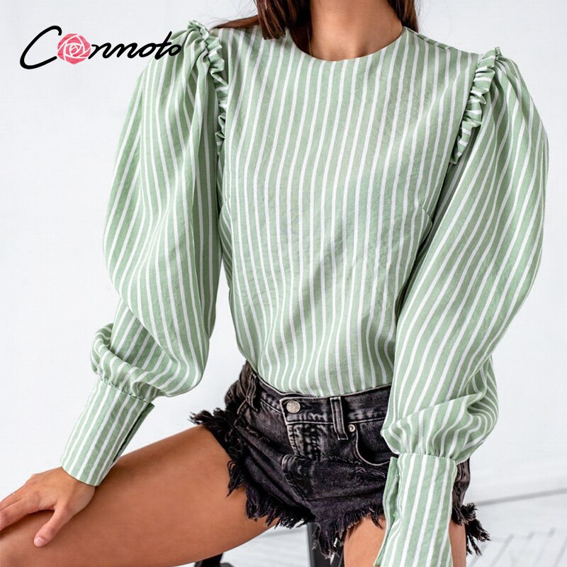 Conmoto lysegrøn efterår vinter kvinder bluse vintage office lady puff langærmet top kausal stripe flæse bluse: S