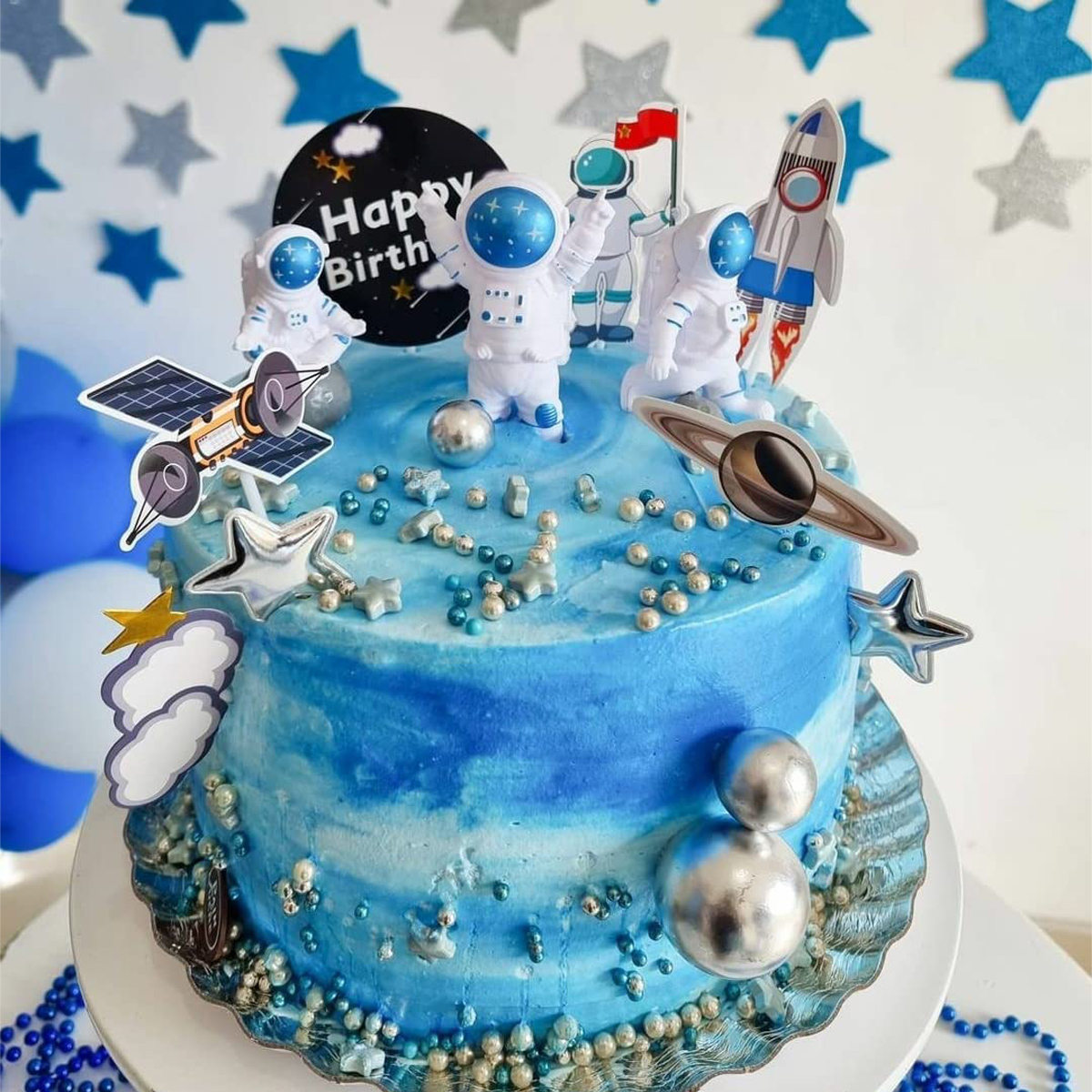 Adornos para tarta espacial de astronauta, figuritas de astronauta del espacio exterior, inserto de pastel de cohete y planeta, suministros para de cumpleaños para niños, Baby Shower