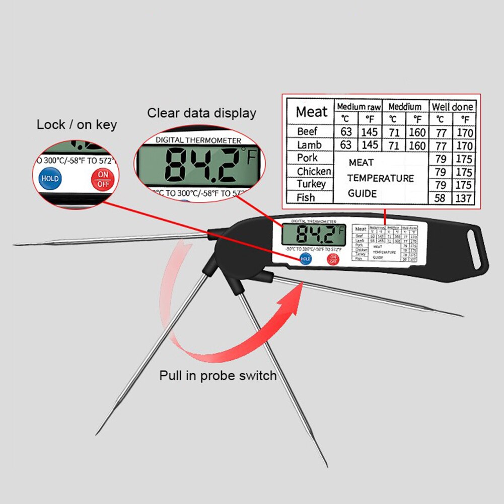 Bbq termometer verktøy folding magnetisk digitalt kjøkken bbq matte kjøtt termometer grille kokeverktøy kjøkken verktøy tilbehør