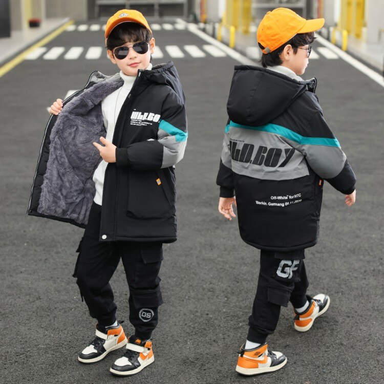 Chłopcy kurtka zimowa 4-15 lat nastolatki chłopcy ciepłe parki polarowe wyściełane dzieci znosić z kapturem 10 12 lat dzieci zimowe ubrania: zielony / 9-10T