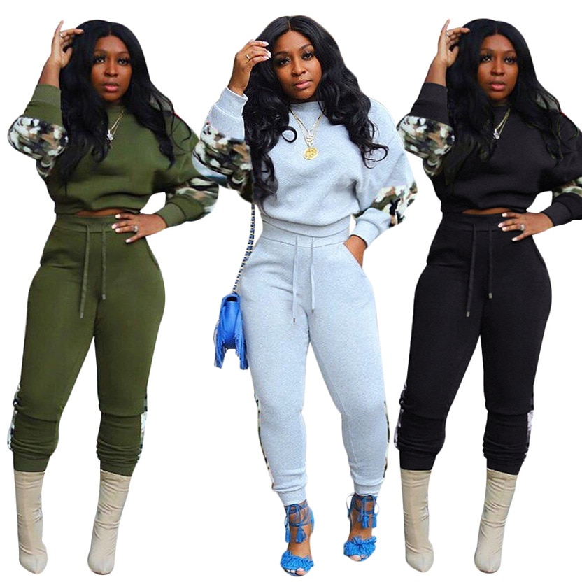 Plus Size 2xl Winter Women Suit 2 Pieces Set Camouflage Tracksuit Women Pullover Sweater + Long Pants Keep Warm Suit Green Gray