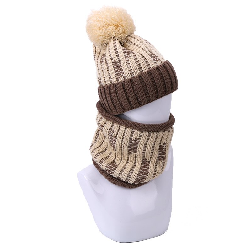Vinter varm beanie hat tørklæde sæt kvindelige hatte med foring udendørs strik tyk vindtæt kvinder ring tørklæde pompon hat to-delt sæt: -en
