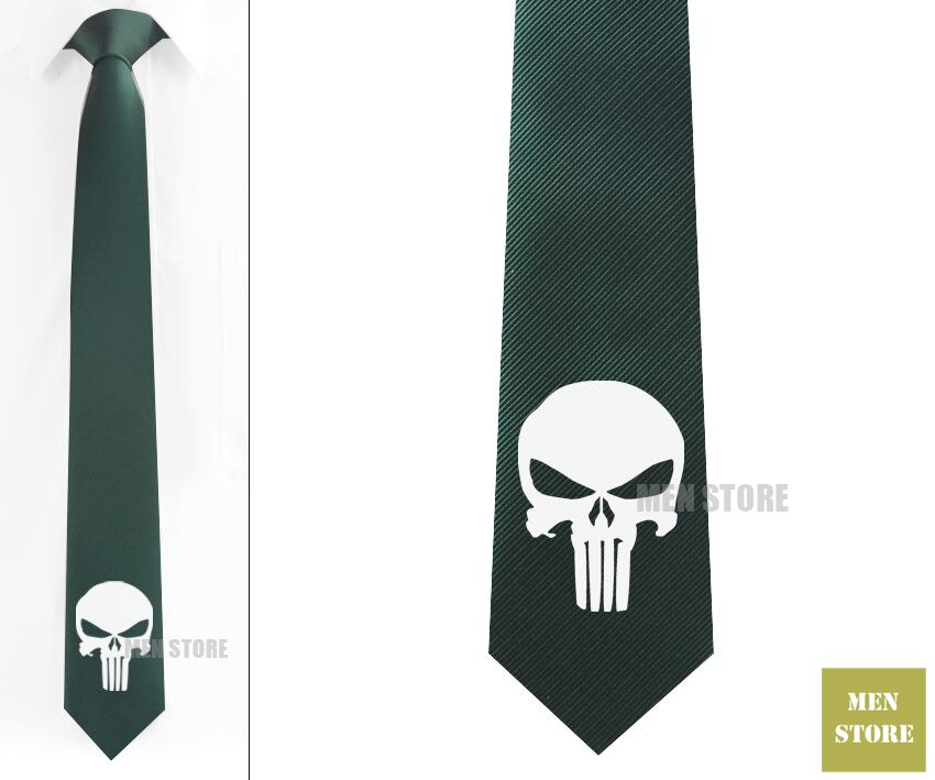 The Punisher Skull Ghost Men Jacquard Woven Skinny Narrow 2.3" Necktie 6 cm Neckwear Wedding Party Groom Tie Cufflink LK020M: Dark Green tie-White