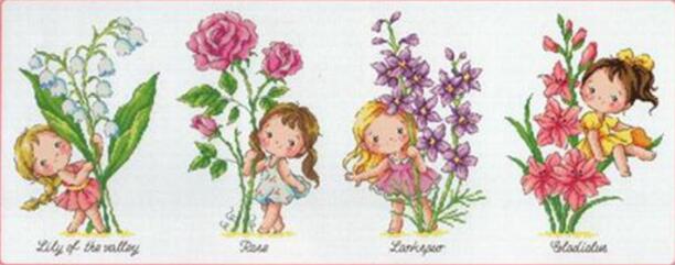 Gullsamling telles korsstingsett fødselsblomst mai juni juli august liljerose fire jenter og blomster så