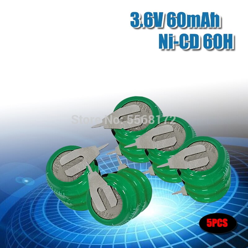 3.6V 60mAh Ni-CD Rechargeable Button Cell Battery NiCD Batteries With Soldering Pins For Wireless Earphones: 5pcs