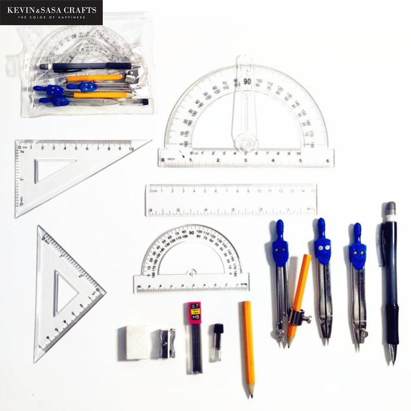 15 Piece Set Geometry Set with Swing Arm Protractor, Divider, Set Squares, Ruler, Compasses and Protractor By Kevin&amp;Sasa Crafts