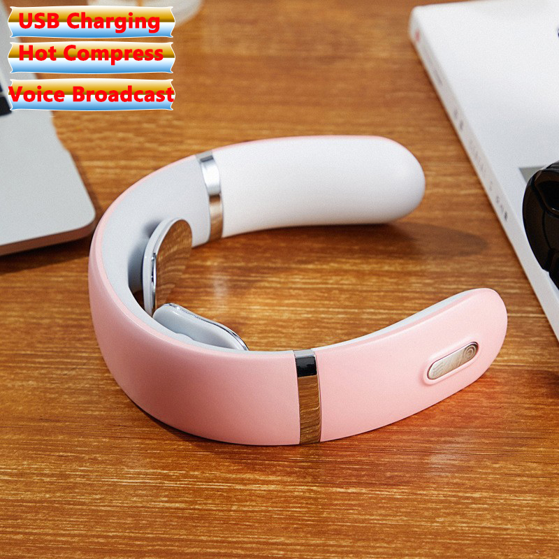 Smart Electric Neck Massager Heating Pulse Cervical Massage Remote Control Voice Broadcast Neck Pain Relief Relaxation Tool: Type 3 pink