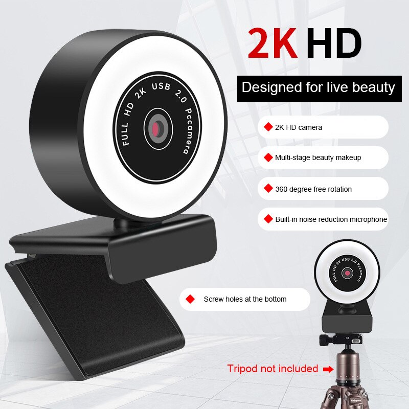 2K 1080P Webcam Hd Computer Pc Webcam Autofocus Vullen Licht Webcam Met Microfoon Led Camera Voor live Video Conferentie