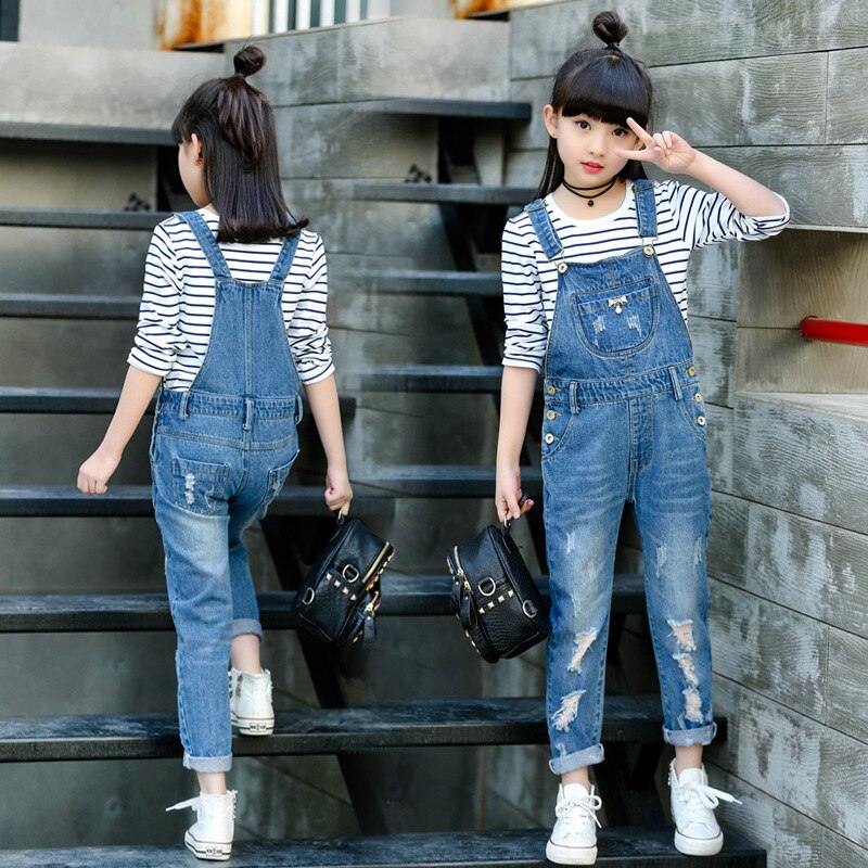 Jean déchiré pour filles, combinaison en jean pour enfants de 4-6-9-12 ans, vêtements de printemps