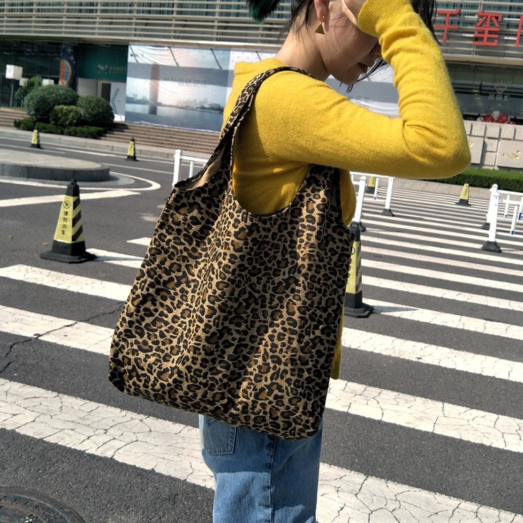 Women Canvas Vest Shoulder Bags Leopard Printing Shopping Bags Girls Casual Cotton Cloth Eco Reusable Handbags Tote