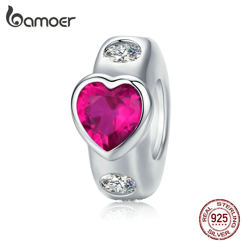 Bamoer 925 prata esterlina coração anéis contas para as mulheres prata charme pulseiras cz pedra diy jóias fazendo acessórios bsc123