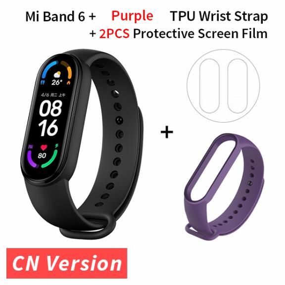 Original Xiaomi Mi banda 6 de oxígeno en la sangre de 1,56 ”AMOLED rastreador de ejercicios Monitor del ritmo cardíaco de la 5 Color inteligente pulsera Miband gota de 6: purple strap film