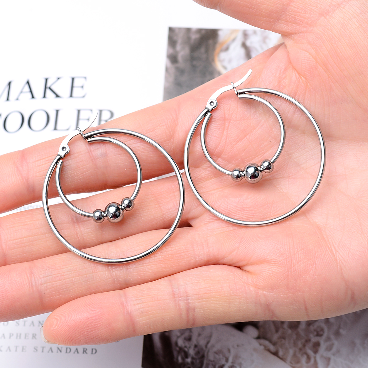 316l Stainless Steel Earrings Hoops With Ball Earing Double Layer Different Circle Round Gold Big Large Thick Hoop Earring
