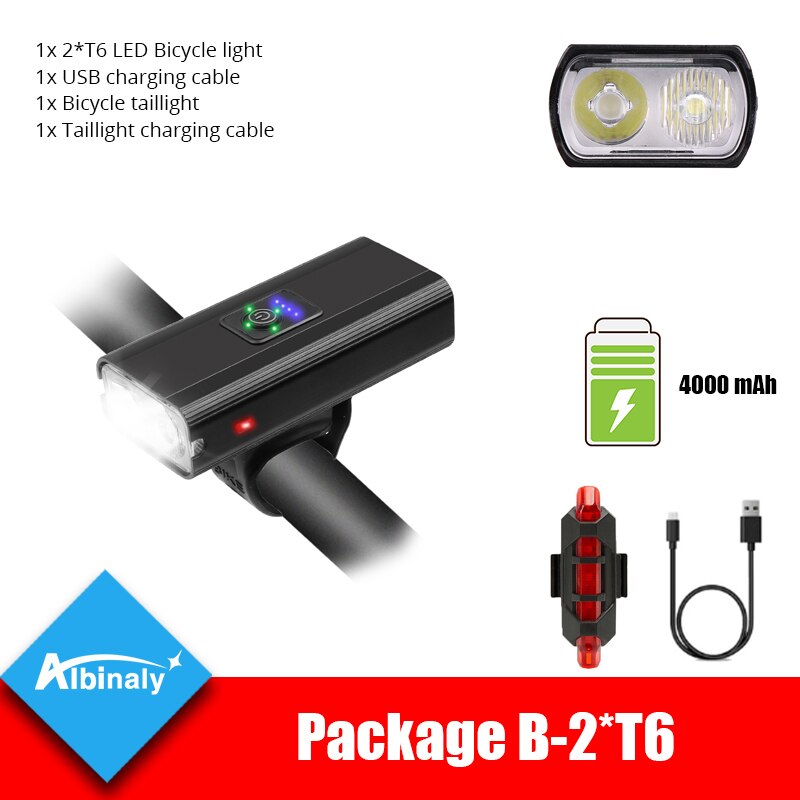 Wasserdichte Fahrrad Licht Super Helle T6 LED Fahrrad Lampe USB Aufladbare Radfahren Vorderseite Lampe 4000 MAh Reiten Anti-Blendung scheinwerfer: Paket B-2T6