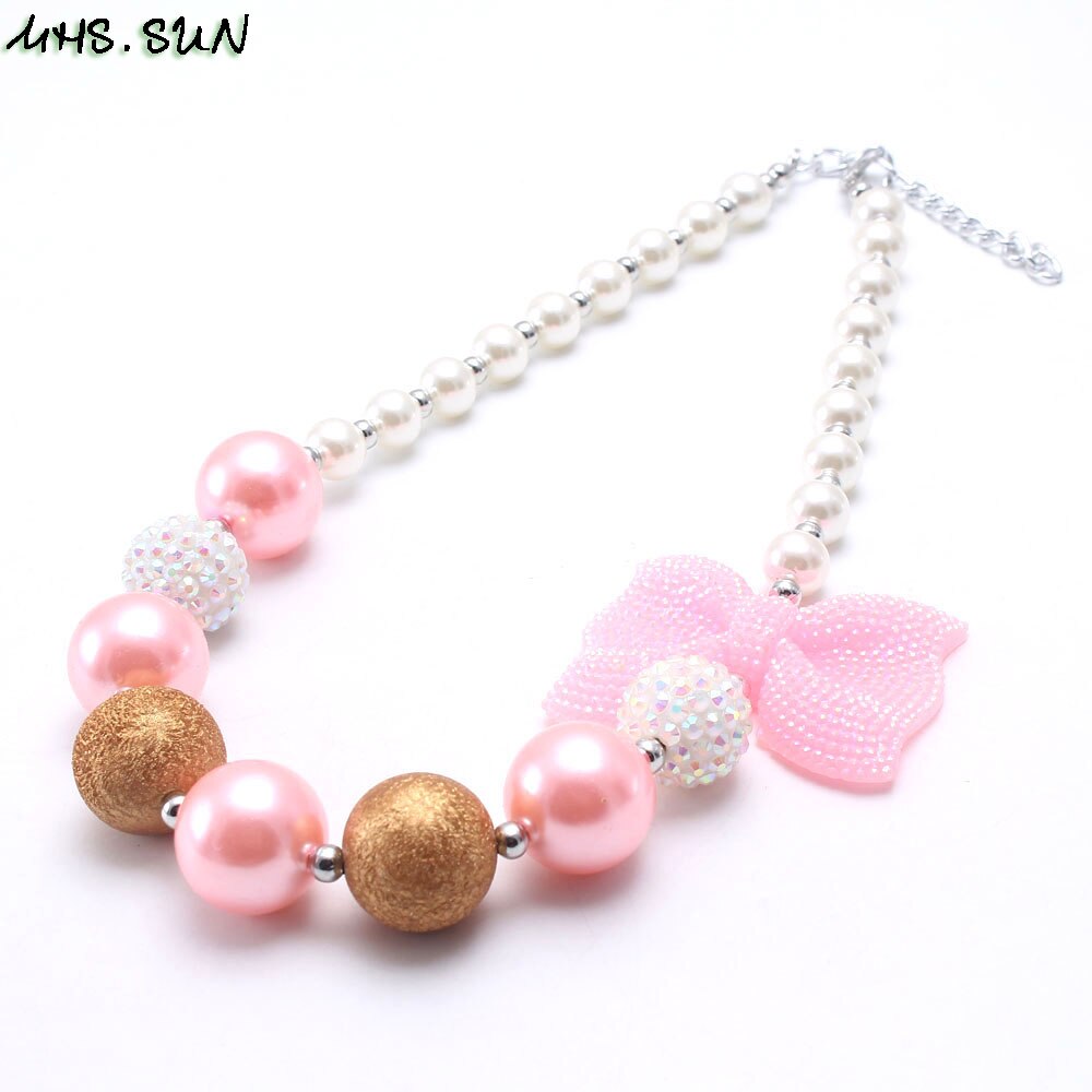 Mhs. Zon Schattige Baby Meisjes Roze Strik Ketting Kids Chunky Kralen Ketting Handgemaakte Bubblegum Sieraden Voor Kind Speelgoed