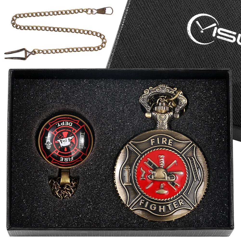 Red Fire Fighter Quartz Pocket Watch Box Set Punk Firefighter Necklace Pendant Memory Firemans Arabic Number Fob Watch Relgio: Watch Gift Set 6
