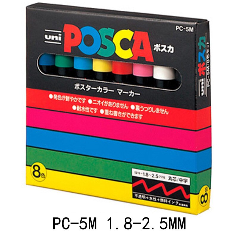 UNI POSCA – Rotulador artístico al óleo con cabeza redonda para publicidad, marcador pluma para pintura de grafitti, PC-1M PC-3M PC-5M PC-8K PC-17K, POP: PC-5M 8 colors