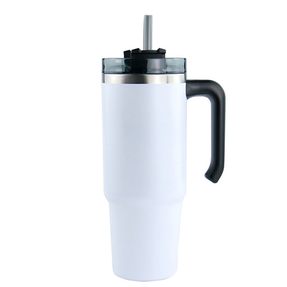 20oz/30oz Stainless Steel Thermos Cup With Straw Coffee Cup Thermal Insulation Ice Cup Car Cup Water Cup With Handle: 20 oz White