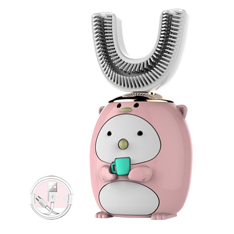 sprytny 360 stopni w kształcie litery U elektryczna szczoteczka robić zębów dla dzieci silikonowa automatyczna szczoteczka ultradźwiękowa kreskówka wzór dla dzieci: różowy-C