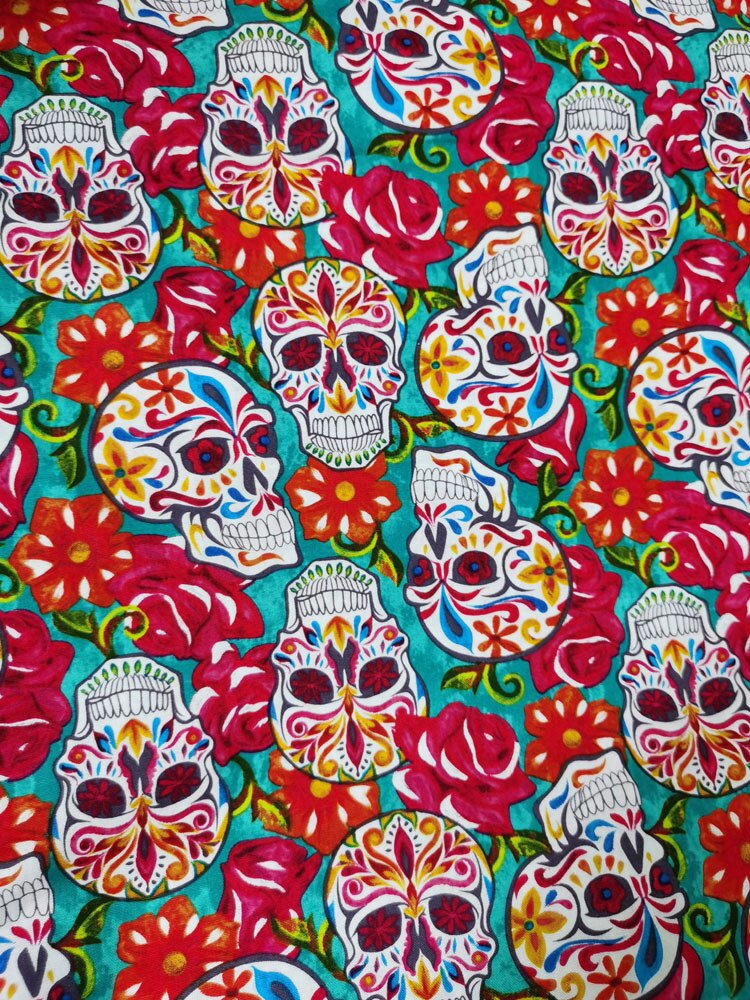 Tela de algodón con estampado de calavera y flores, tejido de 110cm X 50cm con estampado de calaveras y flores, Material de costura acolchado, bricolaje, viaPhil, para el hogar: green background