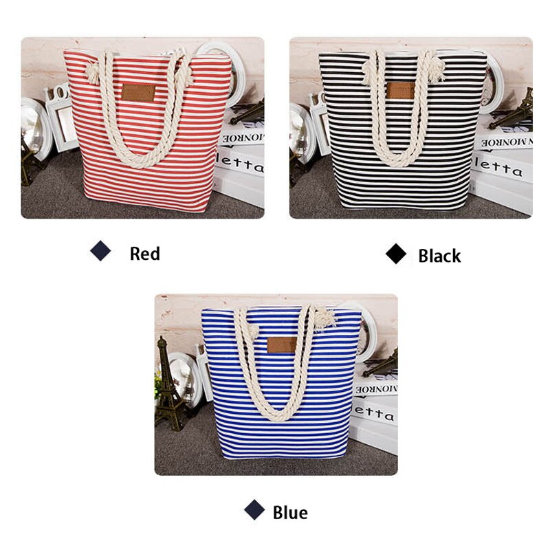 Frauen Streifen Leinwand Strand Tasche Große Kapazität Weibliche Zipper Schulter Tasche Damen Polyester Totes Mädchen Casual Shopping Handtasche
