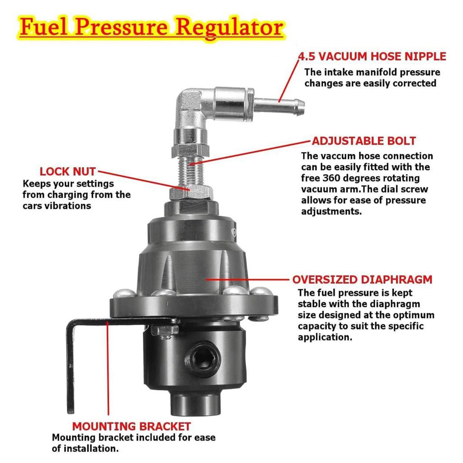 UniversalAdjustable Aluminum Fuel Pressure Regulator Kit with Gauge Fuel Pressure Gauge with Fitting, Black