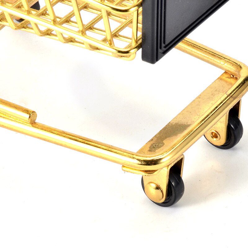 Mini Shopping Cart Storage Box Small Object Storage Basket Wrought Iron Metal Supermarket Trolley Storage Basket-Gold