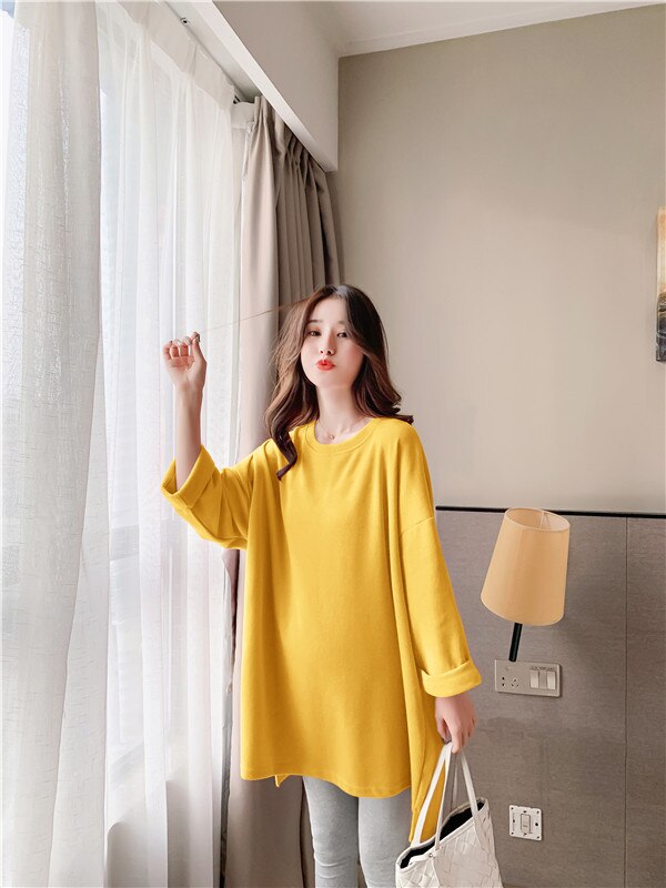 Good Pregnant Women Long Loose T-shirt Solid Color High Low Irregular Maternity Cotton Tees Plus Size Pregnancy Tops: ginger / M