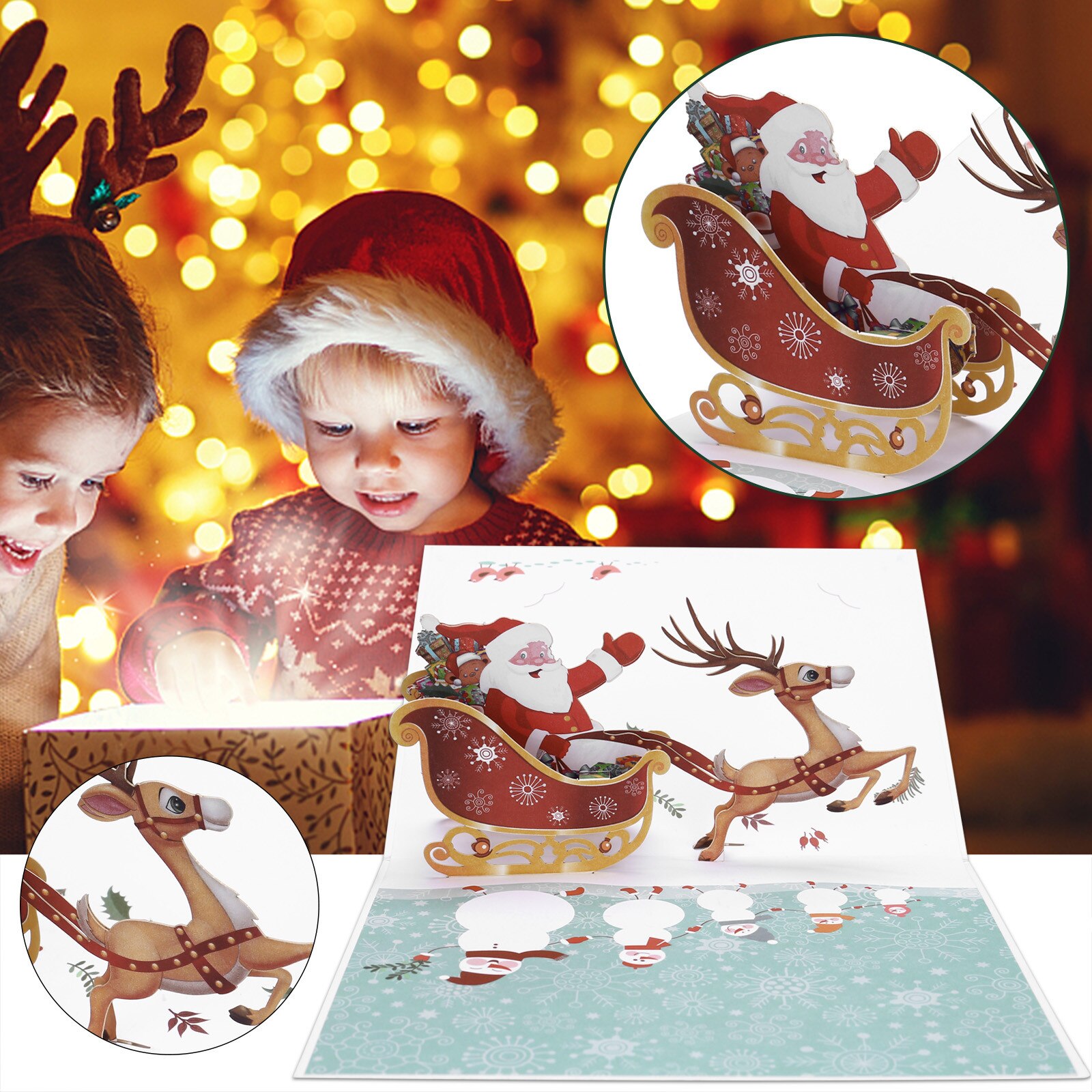 3D Deer cart Christmas Three-dimensional Greeting Card Blessing Card Santa Claus Christmas Deer Greet Card: White