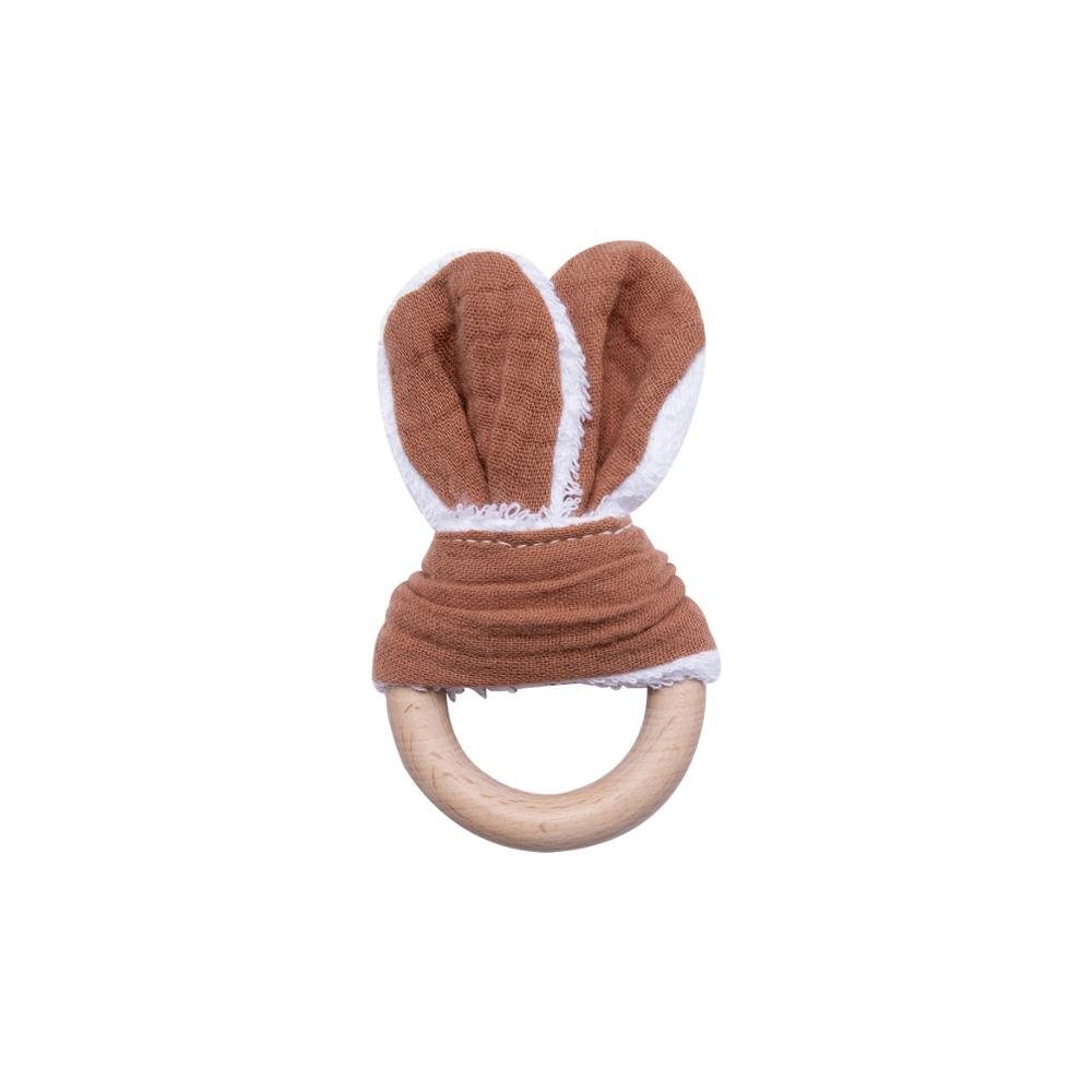 2 teile/satz Baumwolle Hase Ohr Rasseln Spielzeug Baby Buche Holz Zahnen Diy Armbinde Kinderwagen Kette Hase Ohr Baby Rassel Spielzeug: Braun