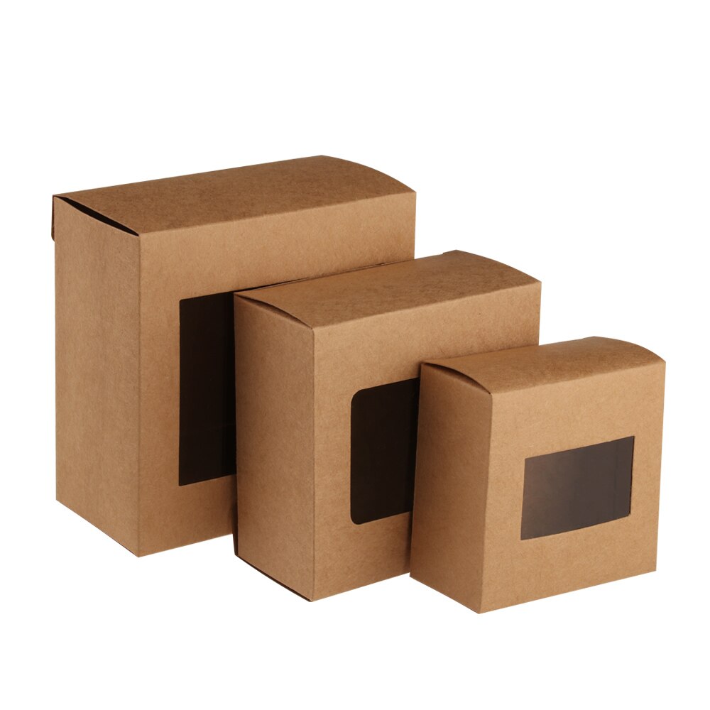 10Pcs Vintage Kraft Papier Box Kuchen Paket Klar PVC Fenster Süßigkeiten Verpackung Tasche Hochzeit Geburtstag DIY Party gefälligkeiten: brown / 8x8x4cm